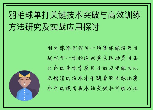 羽毛球单打关键技术突破与高效训练方法研究及实战应用探讨 羽毛球单打关键技术突破与高效训练方法研究及实战应用探讨